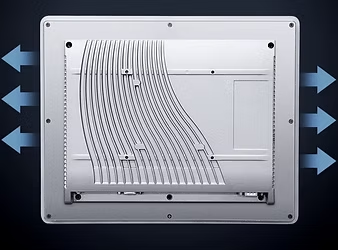 Panel PC arka gövdesinde soğutma kanatçıklarından ısının dışarı atılmasını gösteren görsel