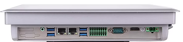 Endüstriyel panel PC'nin alt yüzündeki USB, Ethernet, GPIO, seri port ve HDMI bağlantıları